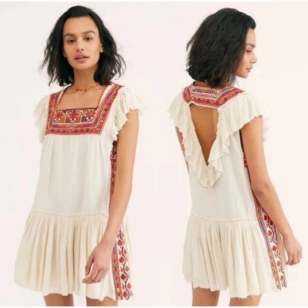Free People Day Glow Mini Dress Ivory Embroidered Boho Open Back Ruffle Size L